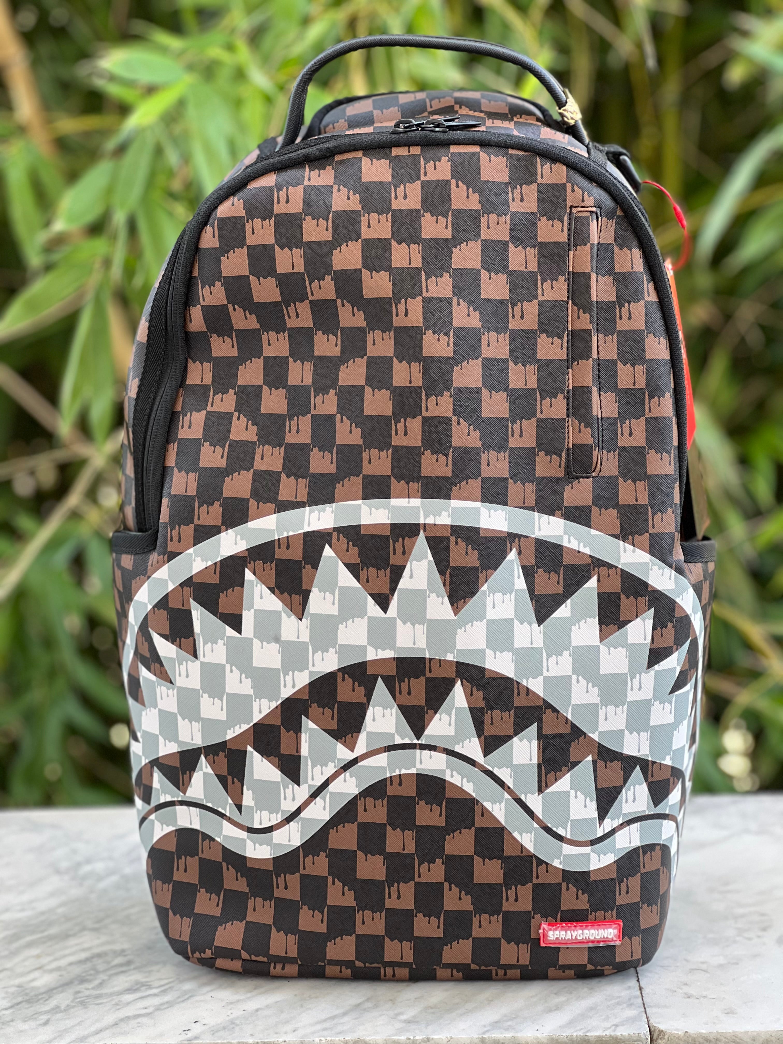 ZAINO SPRAYGROUND BROWN AND CREAM DRIP CHECK