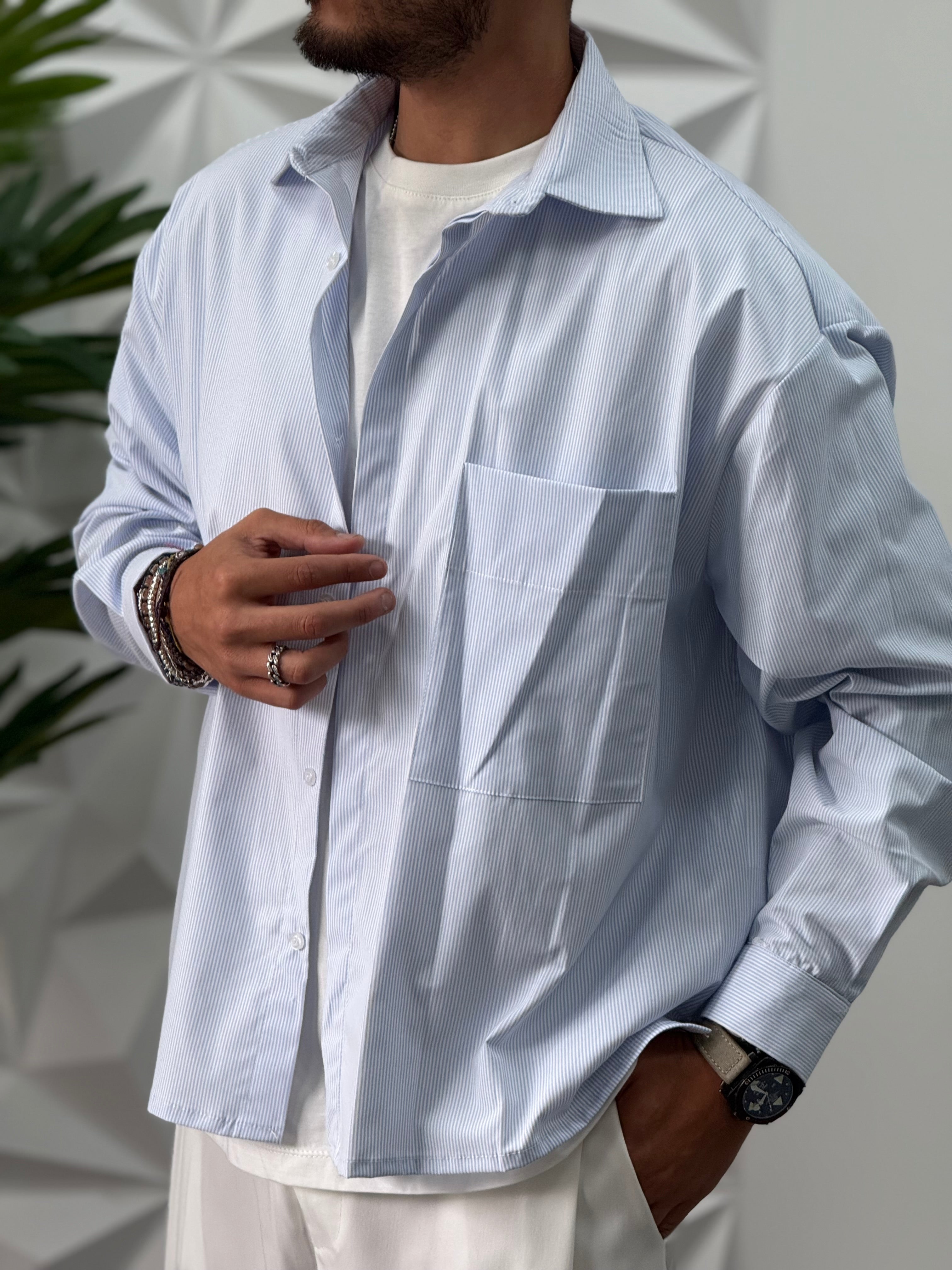 CAMICIA OVER RIGATA CELESTE NEW JOB BRAND
