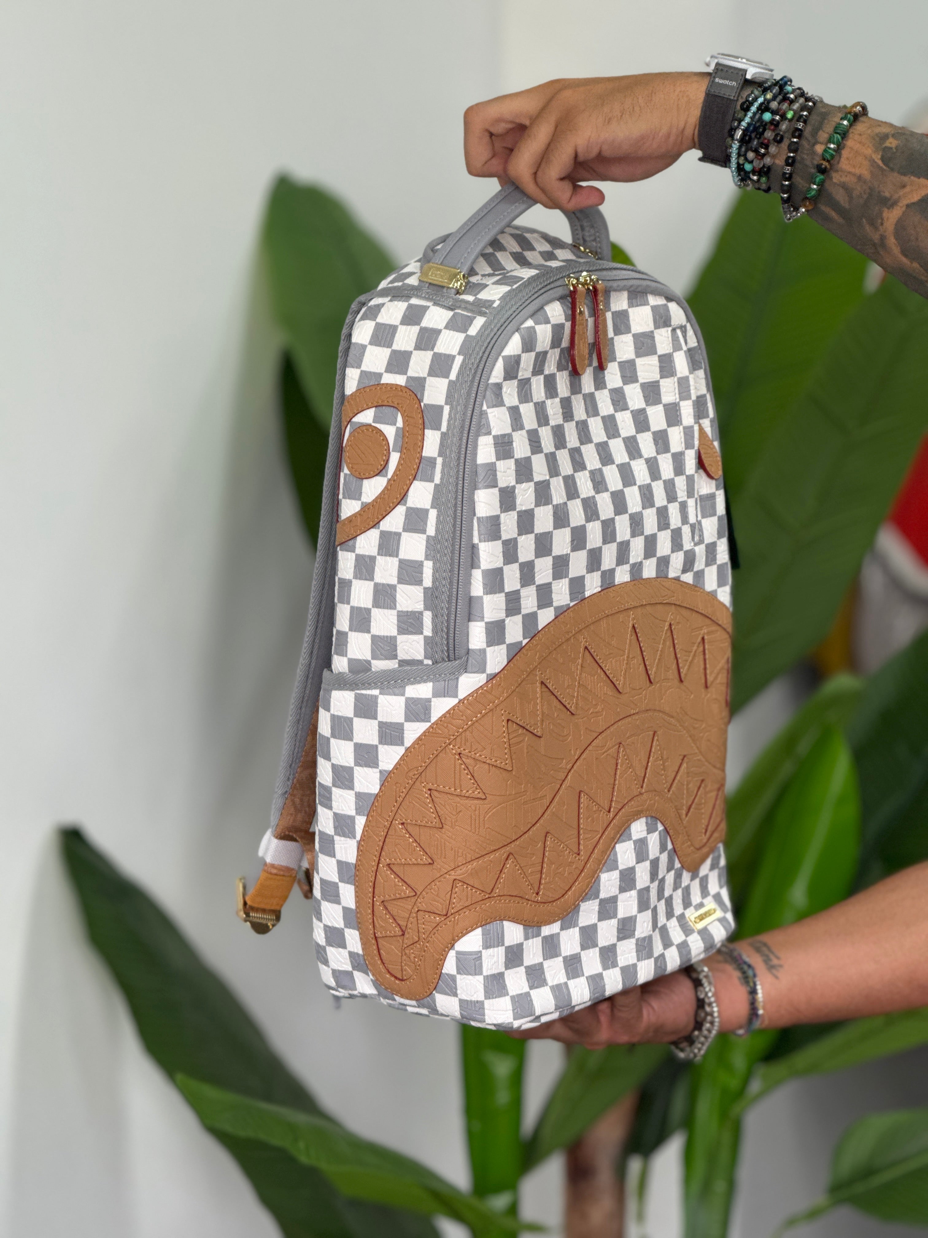 ZAINO SPRAYGROUND EMBOSSED CREAM CHECK BACKPACK