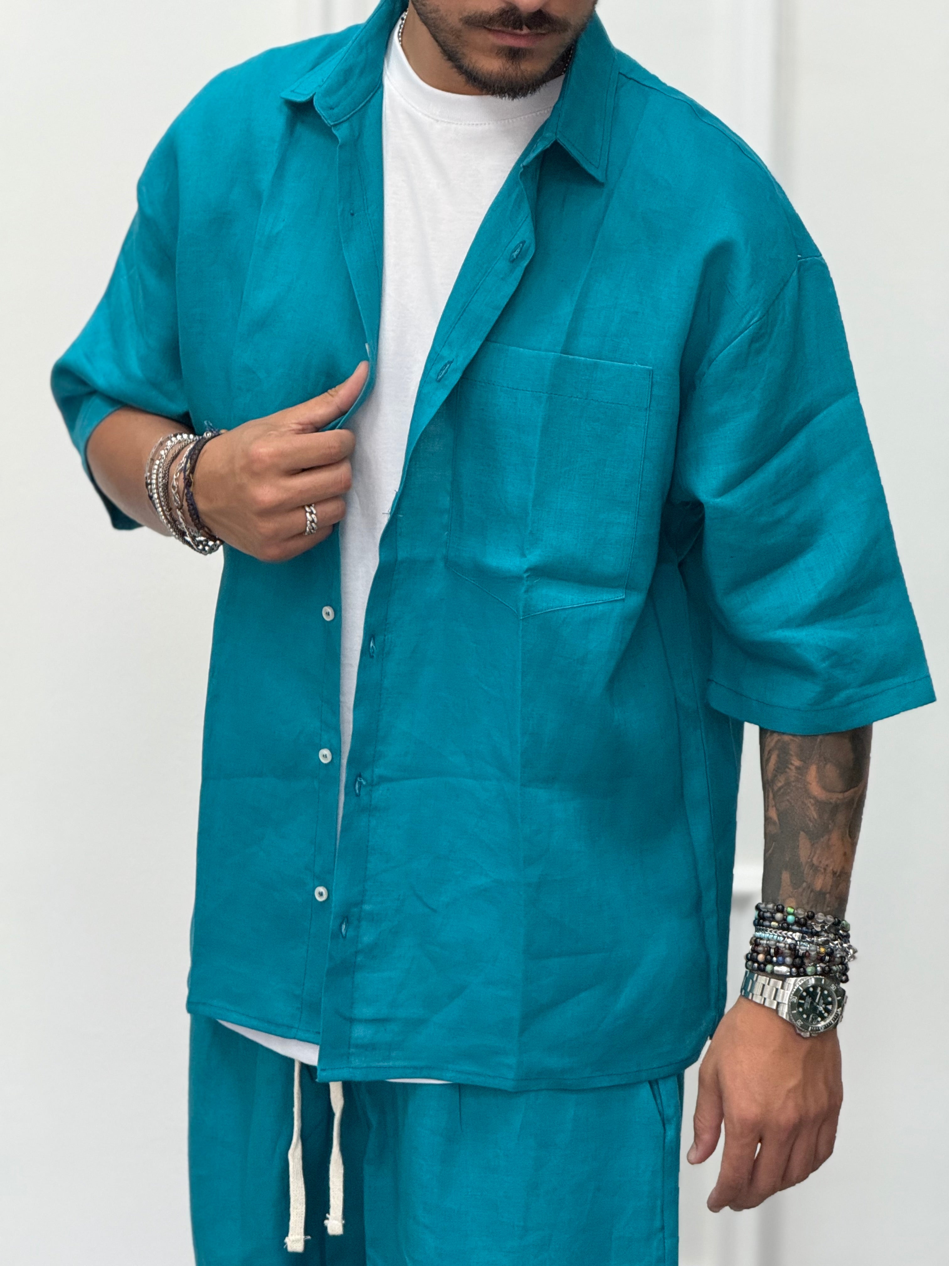 COORDINATO IN LINO TURCHESE OVER NEW JOB BRAND
