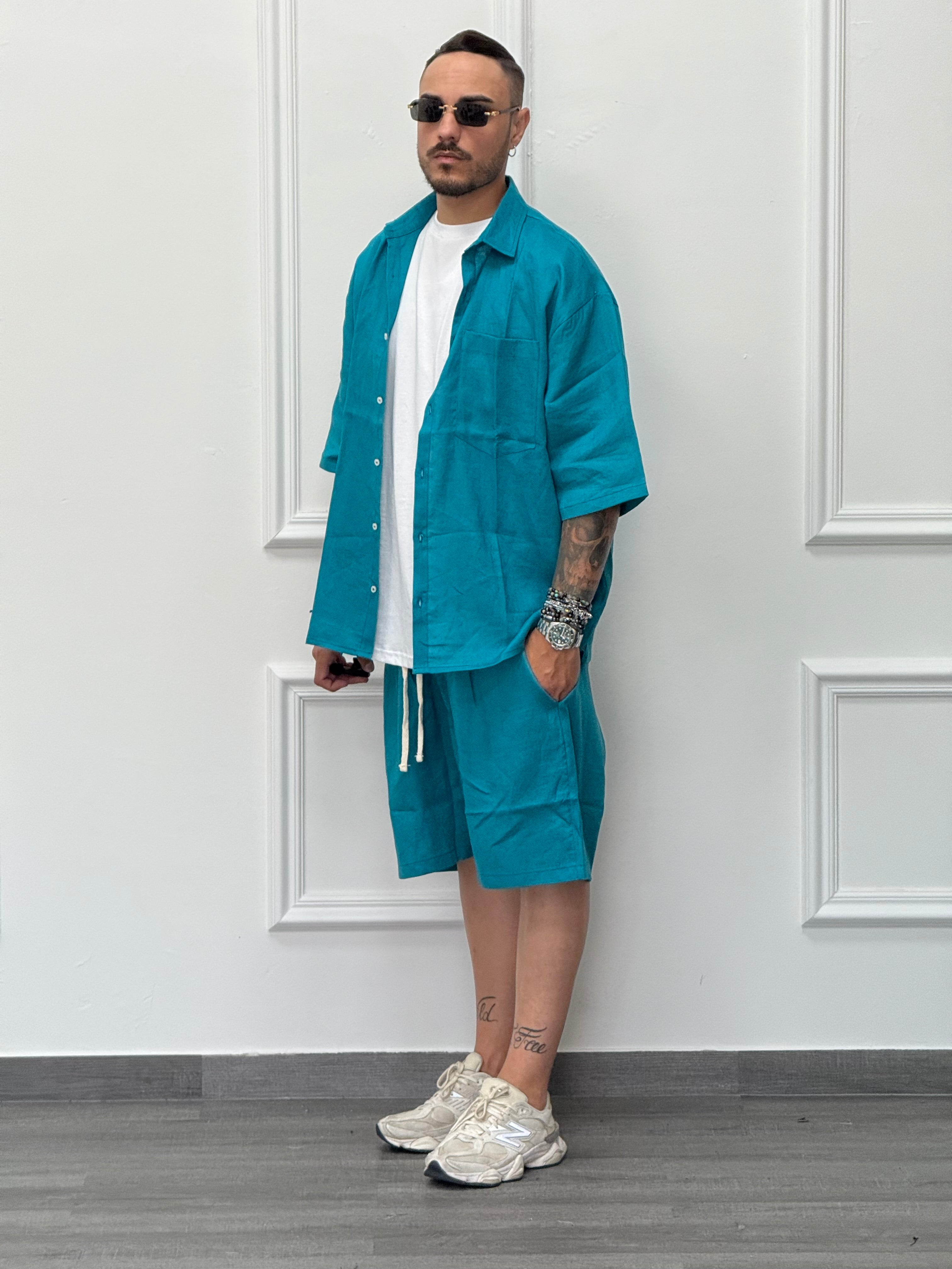 COORDINATO IN LINO TURCHESE OVER NEW JOB BRAND