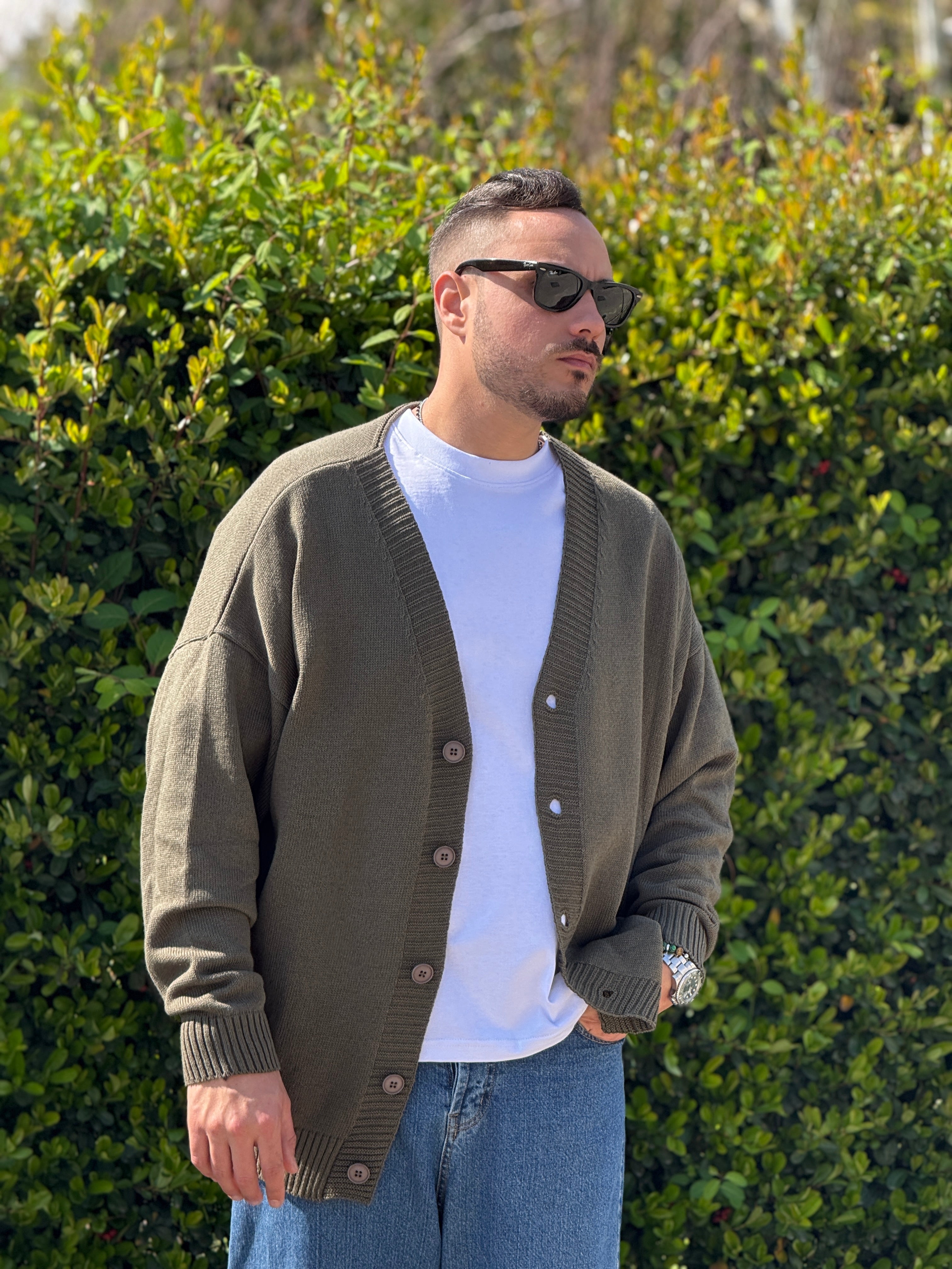 Cardigan over in filo verde militare New Job Brand