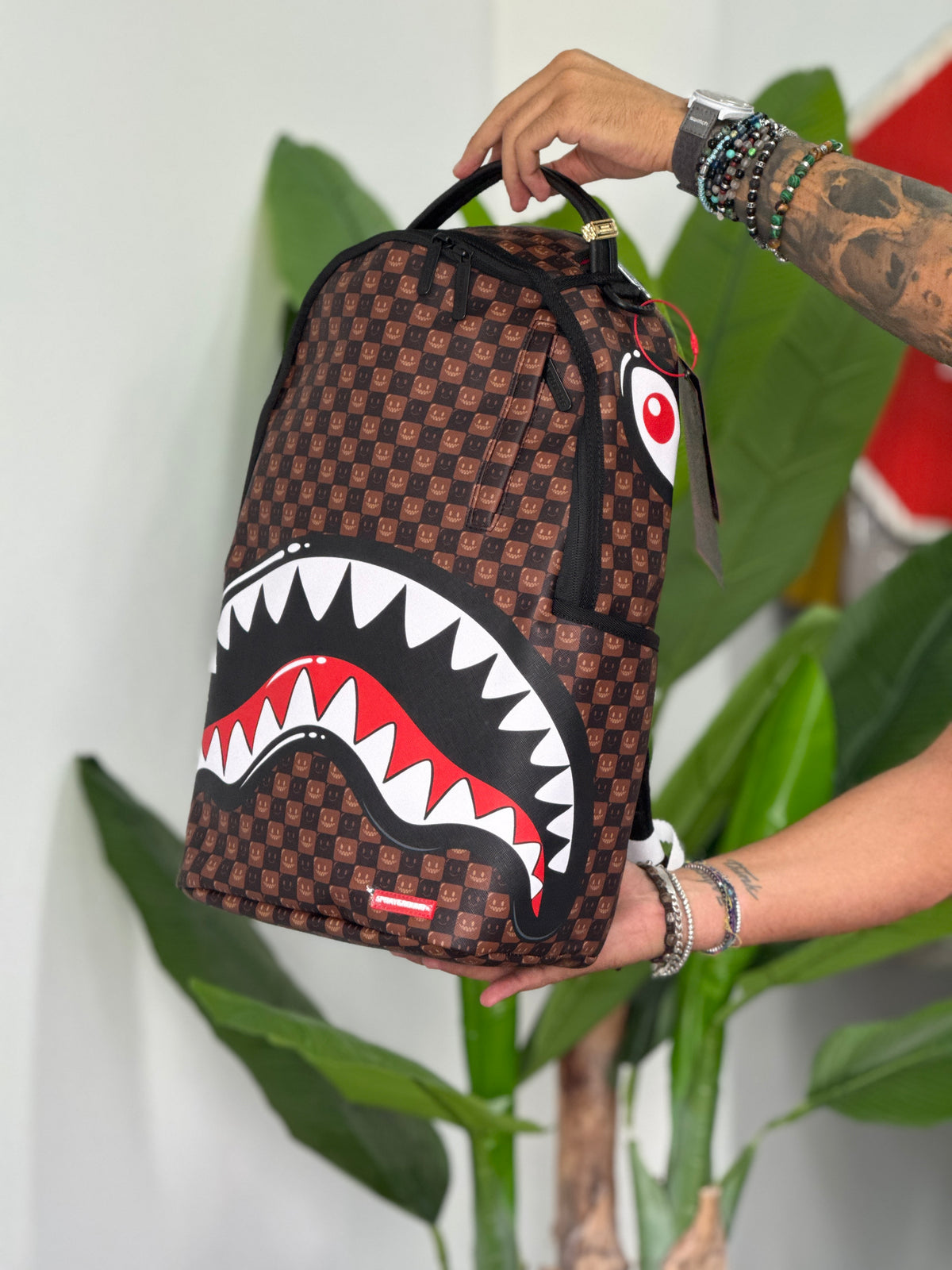 ZAINO SPRAYGROUND SHARKS IN PARIS WTF BUBBLE BROWN CHECK BACKPACK
