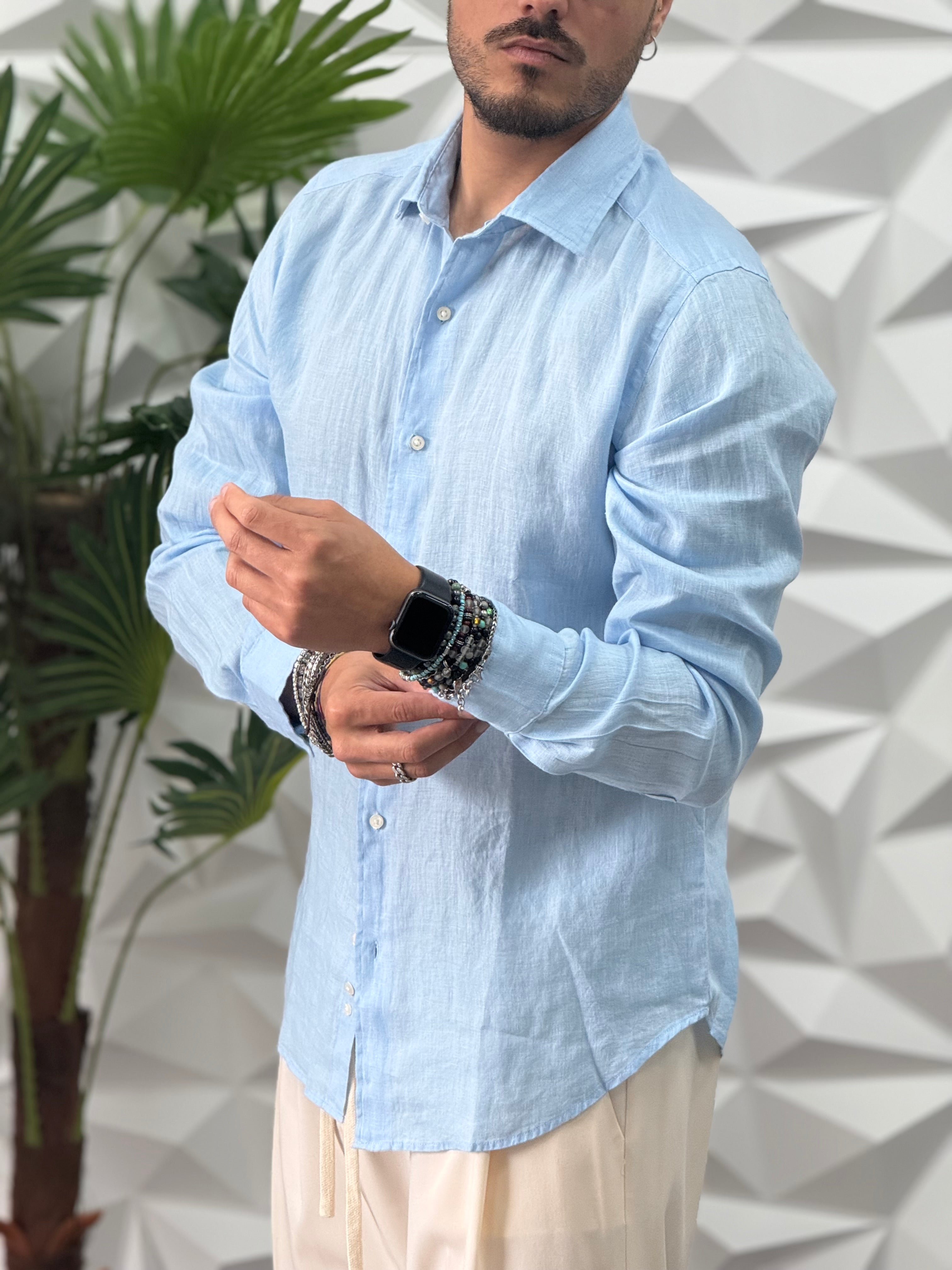 CAMICIA IN LINO CELESTE