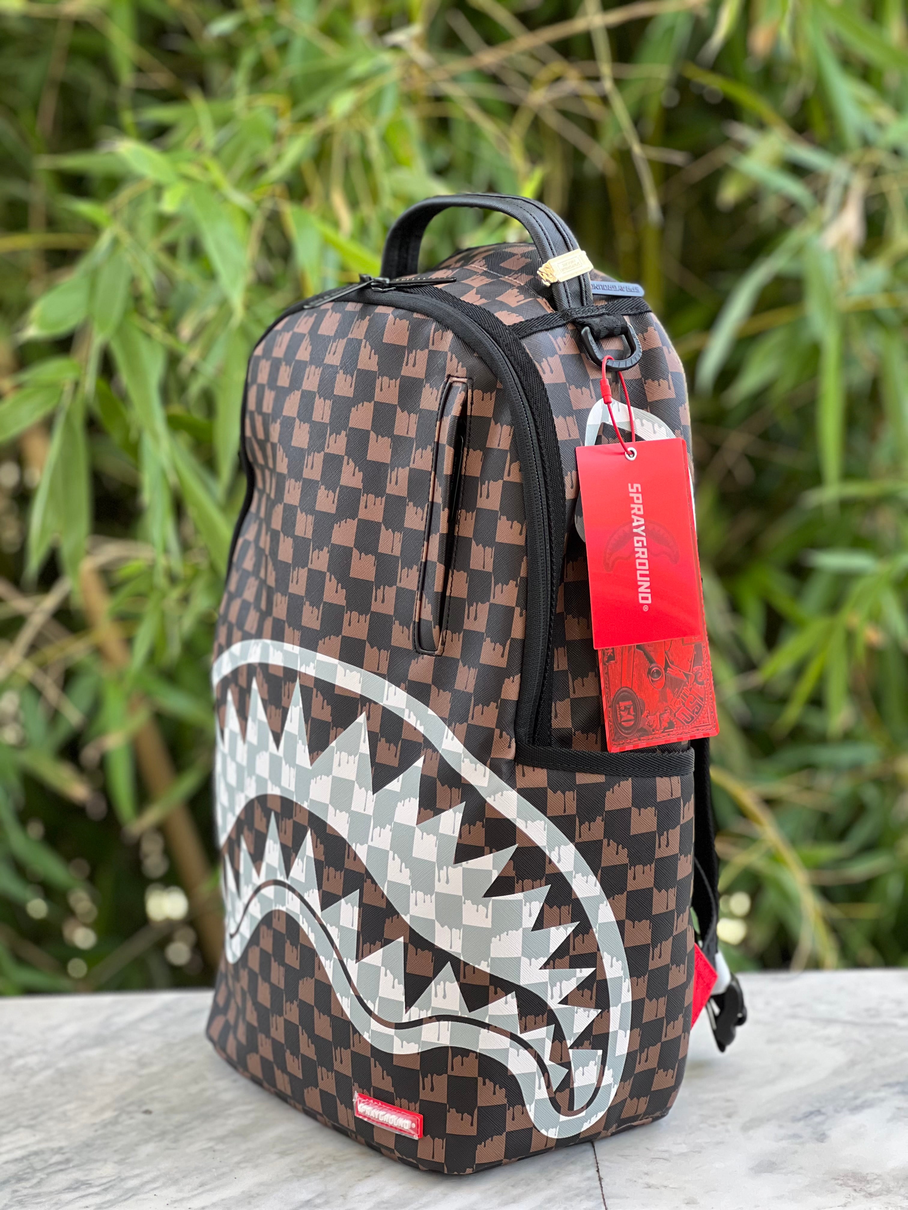ZAINO SPRAYGROUND BROWN AND CREAM DRIP CHECK