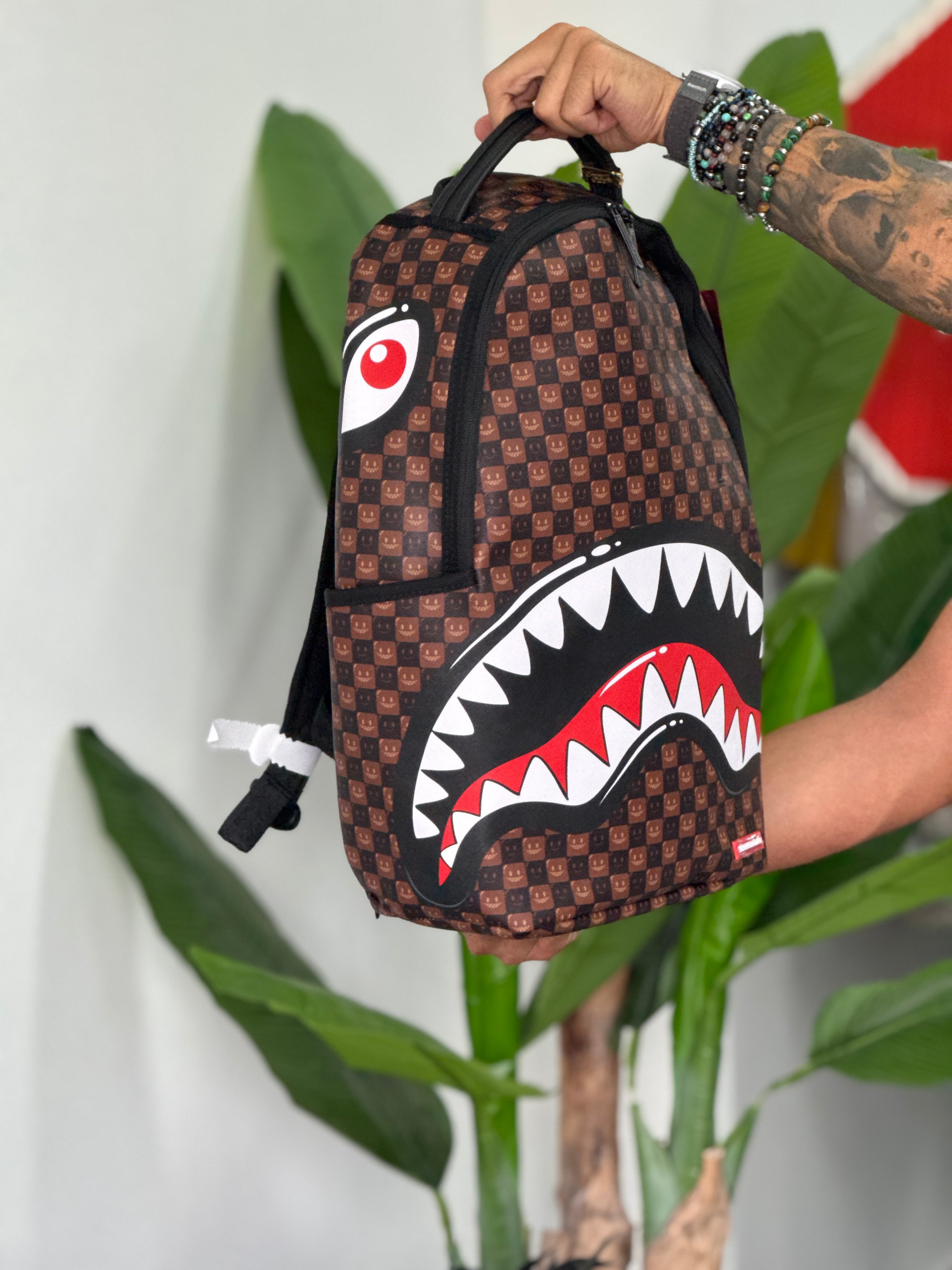 ZAINO SPRAYGROUND SHARKS IN PARIS WTF BUBBLE BROWN CHECK BACKPACK