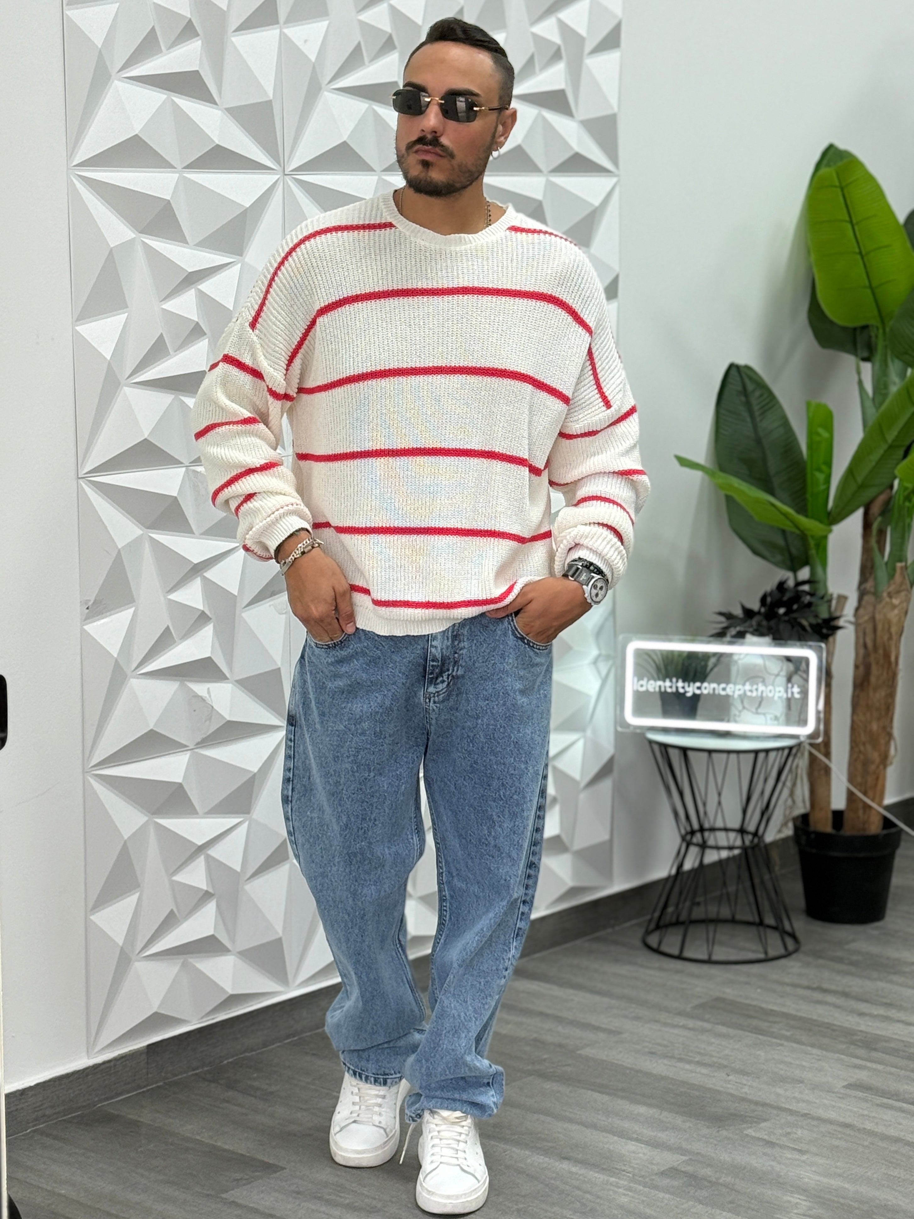 PULLOVER  OVERSIZE BIANCO RIGA ROSA NEW JOB BRAND