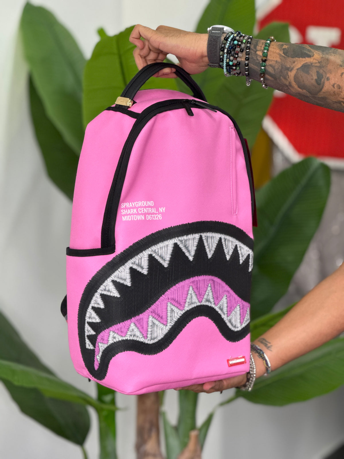 SHARK CENTRAL PINK EMBROIDERED SHARK BACKPACK