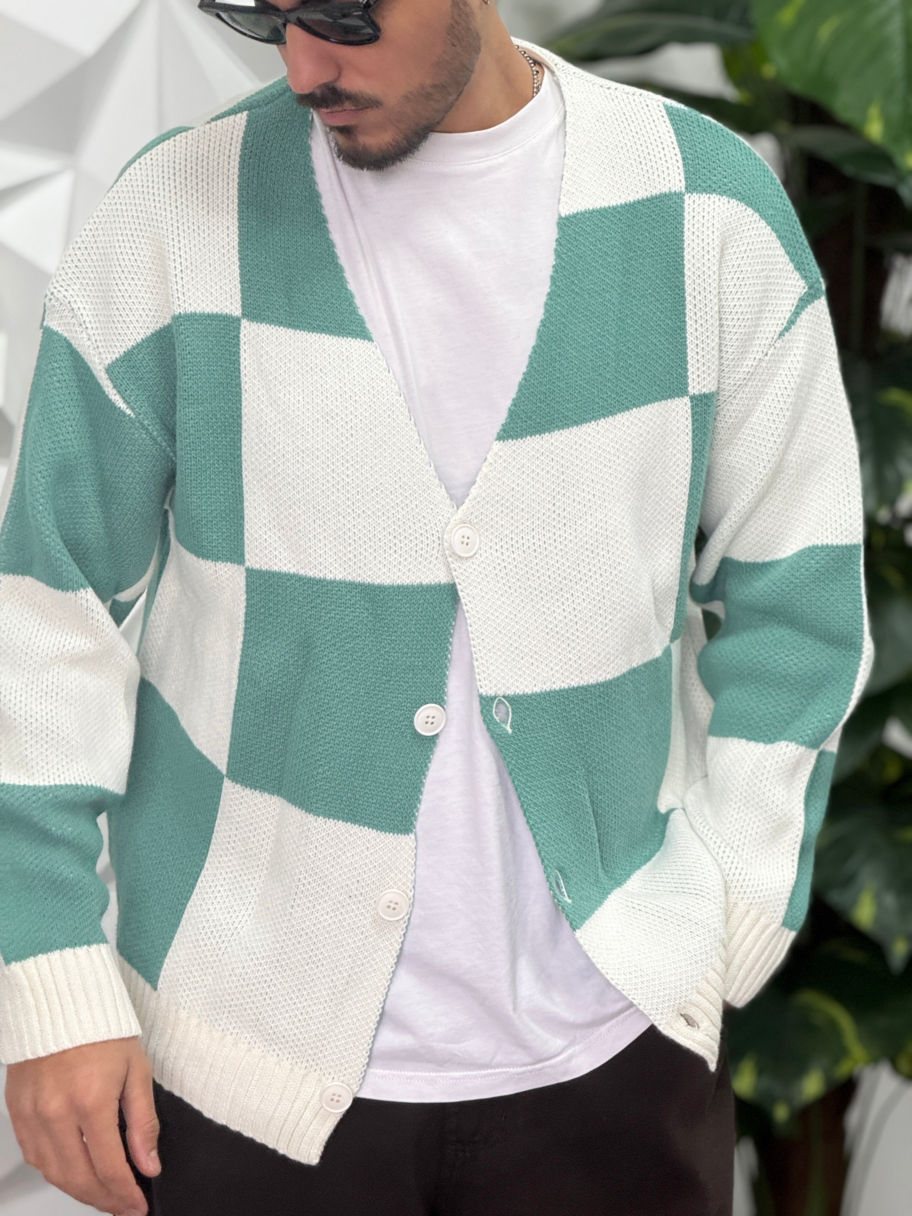 (CARDIGAN QUADRO VERDE ACQUA NJB