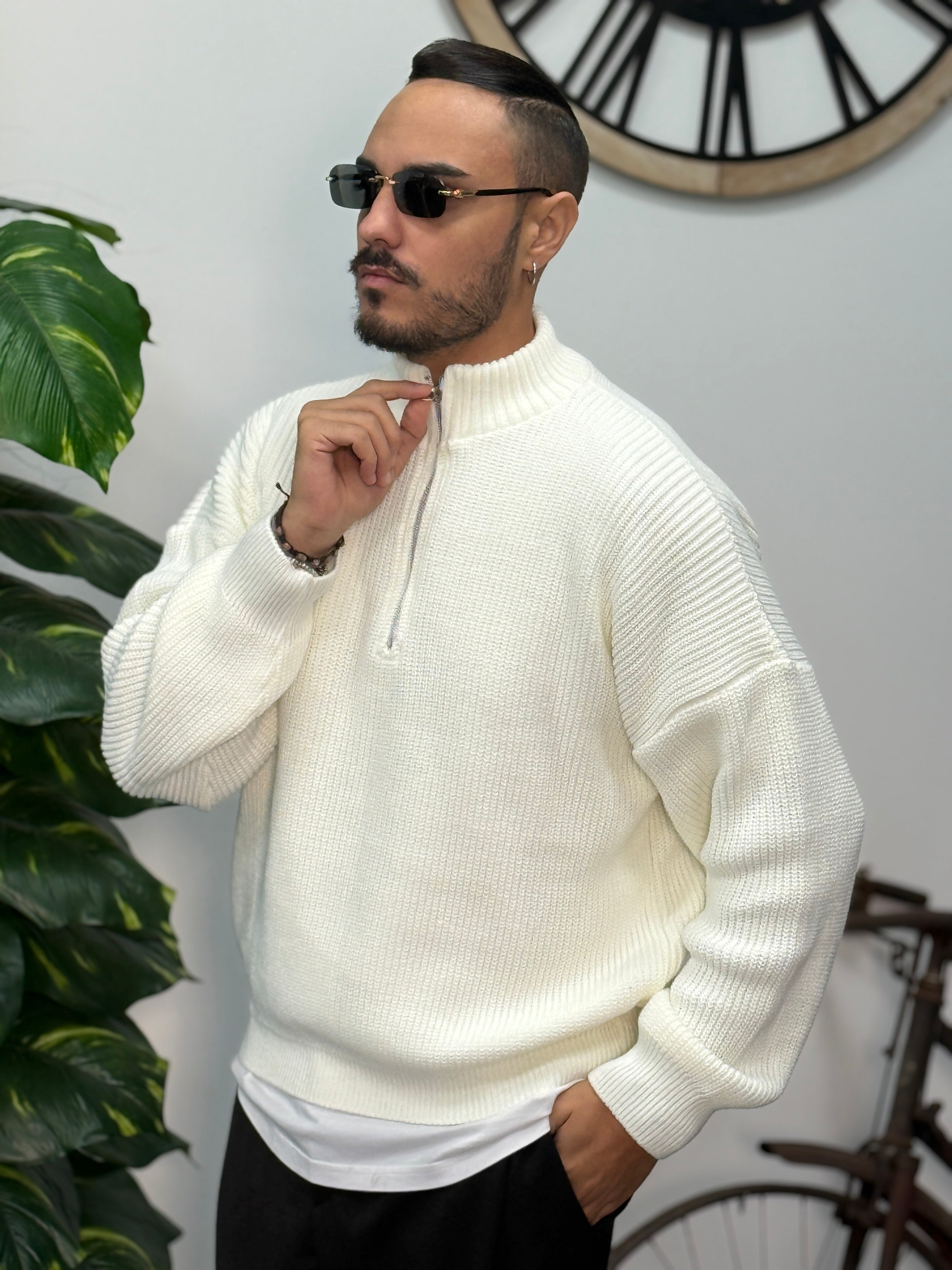 PULLOVER OVERSIZE MEZZA ZIP BIANCO  NEW JOB BRAND