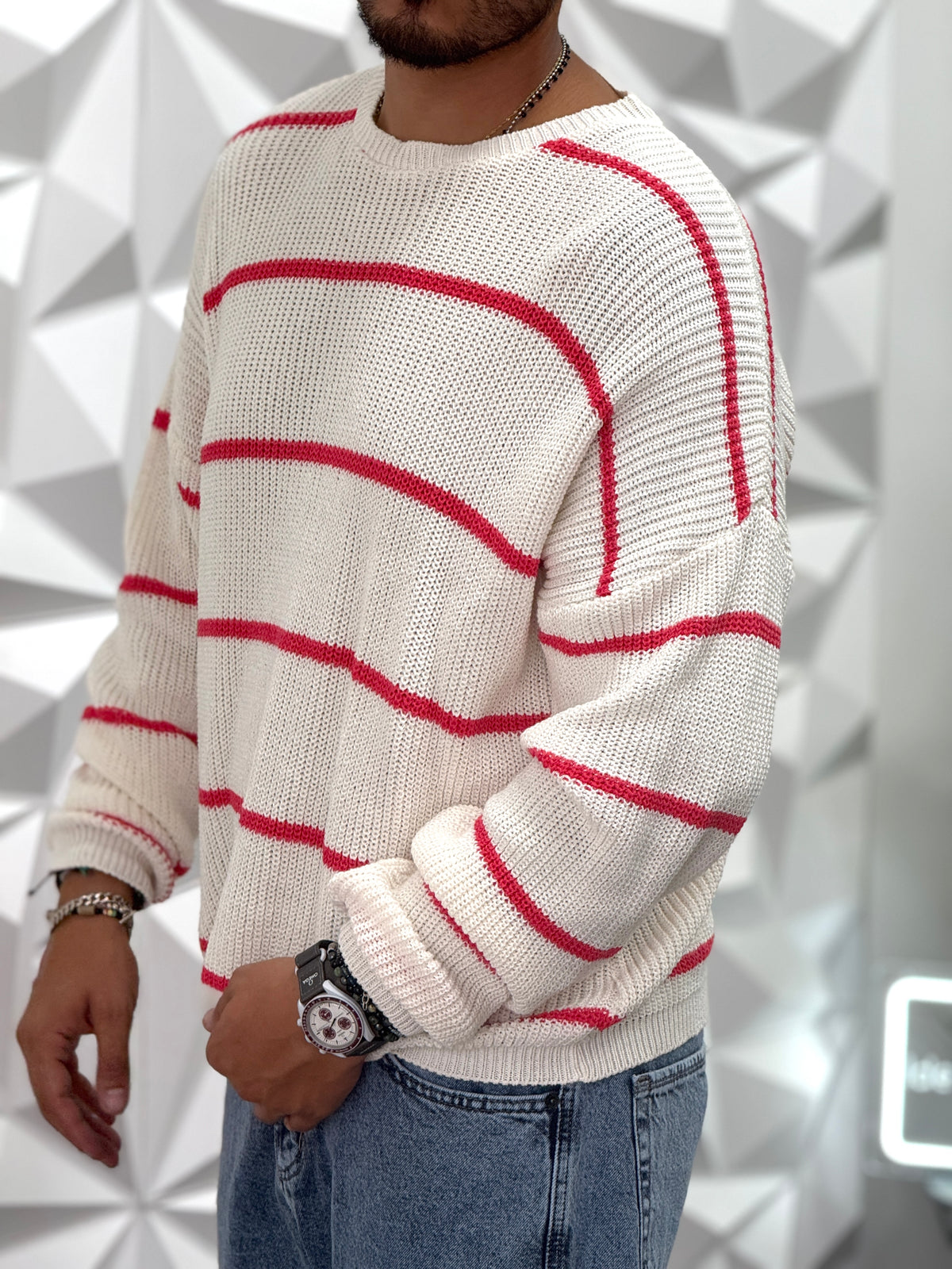 PULLOVER  OVERSIZE BIANCO RIGA ROSA NEW JOB BRAND