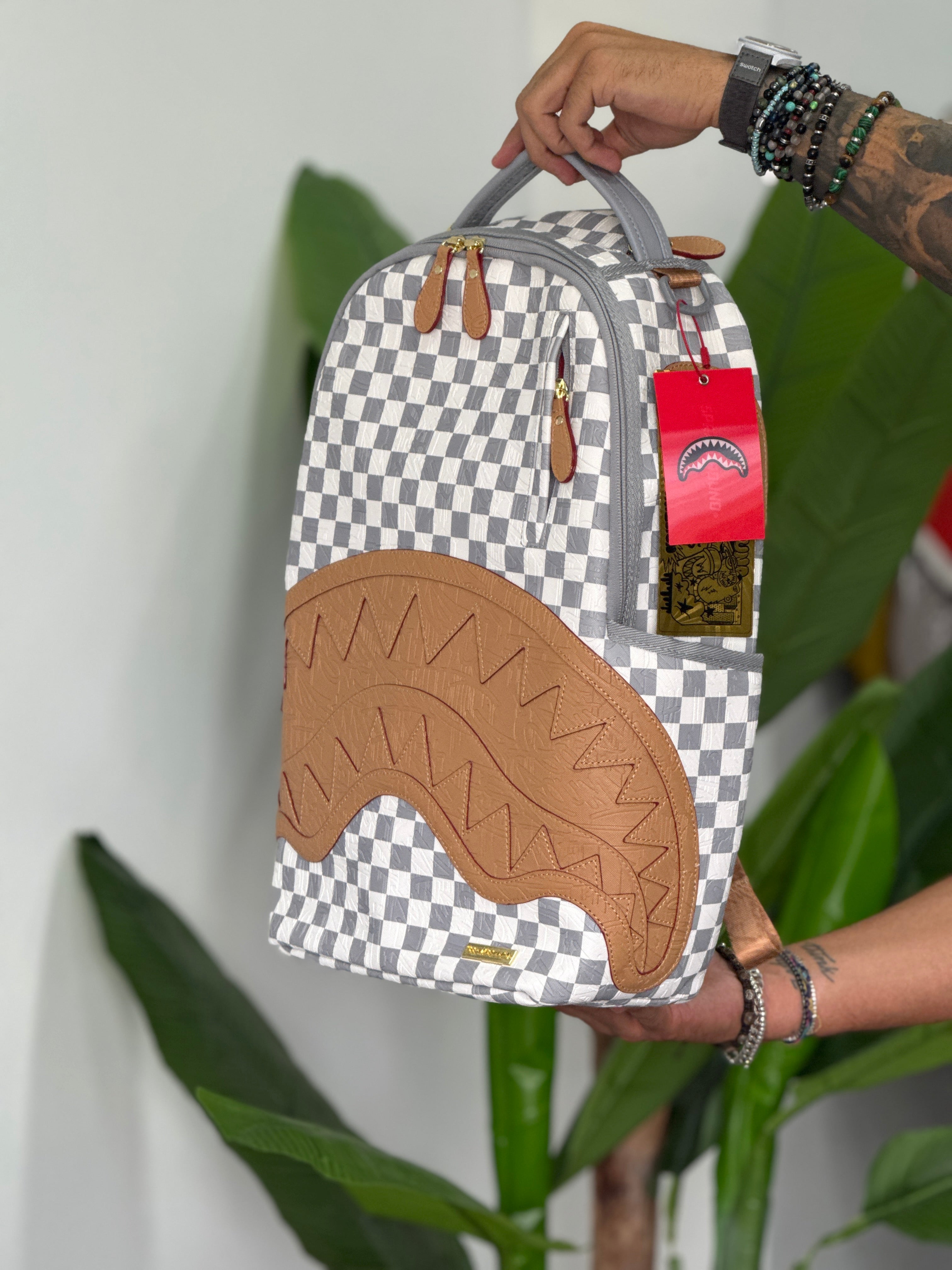 ZAINO SPRAYGROUND EMBOSSED CREAM CHECK BACKPACK