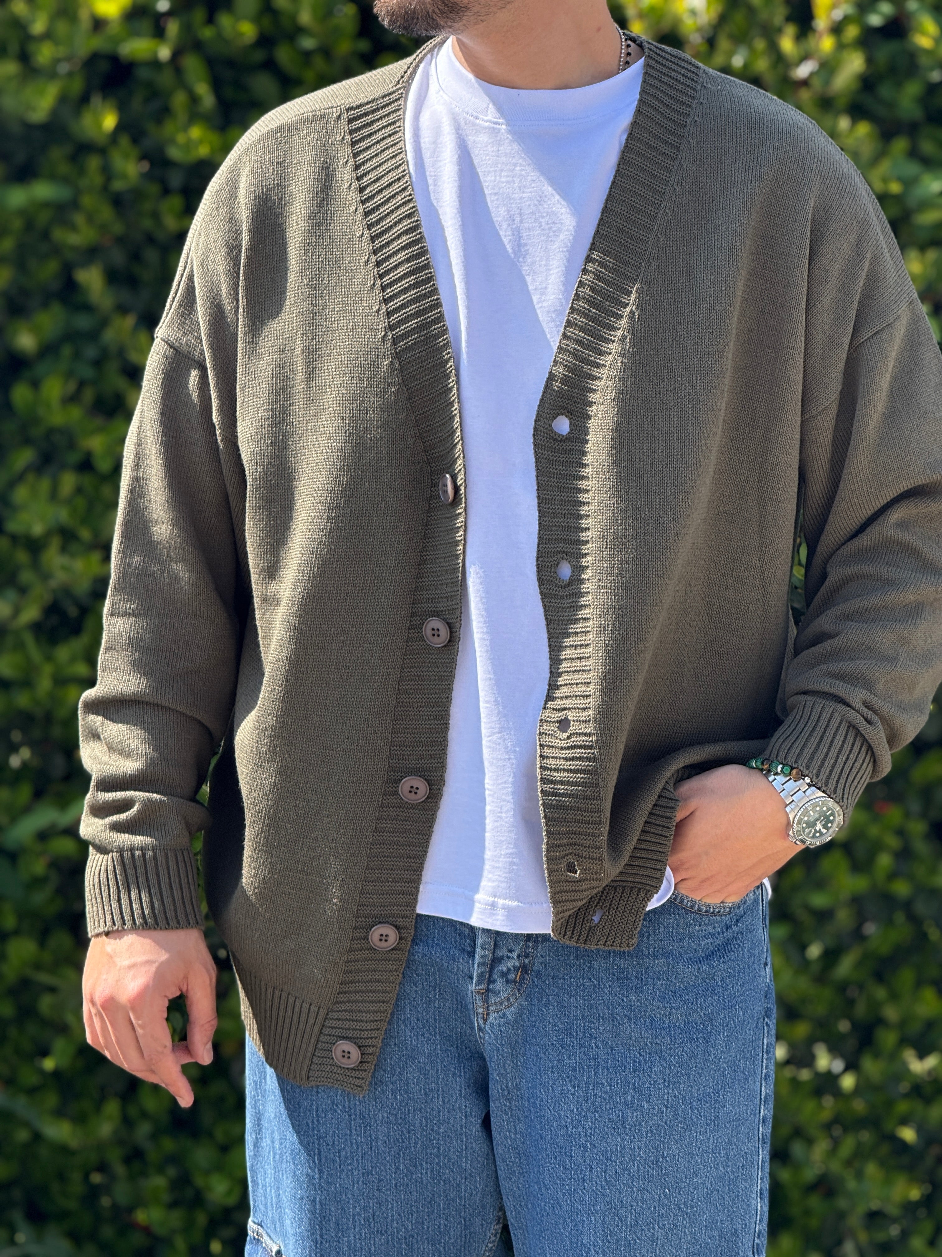 Cardigan over in filo verde militare New Job Brand