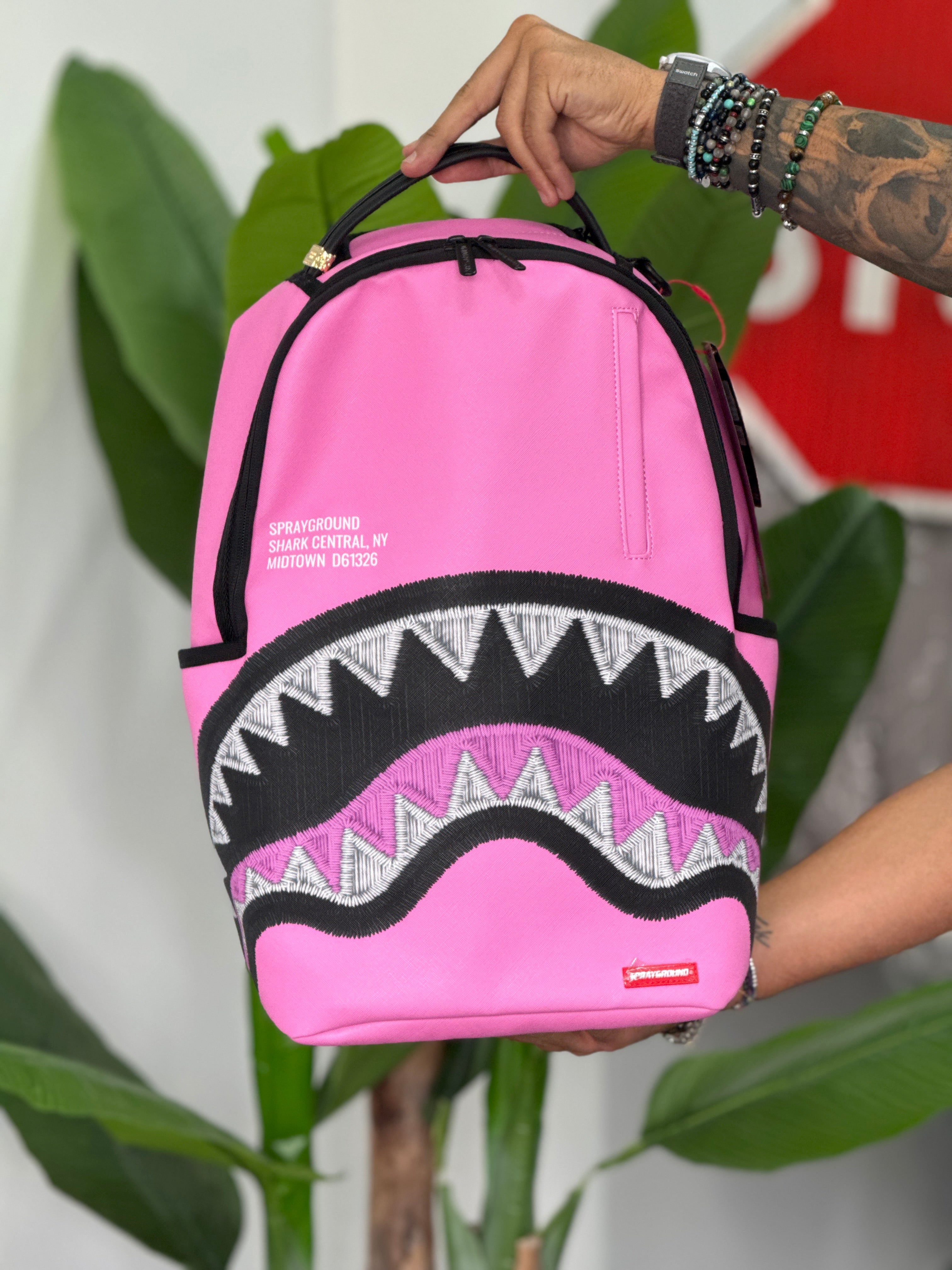 SHARK CENTRAL PINK EMBROIDERED SHARK BACKPACK