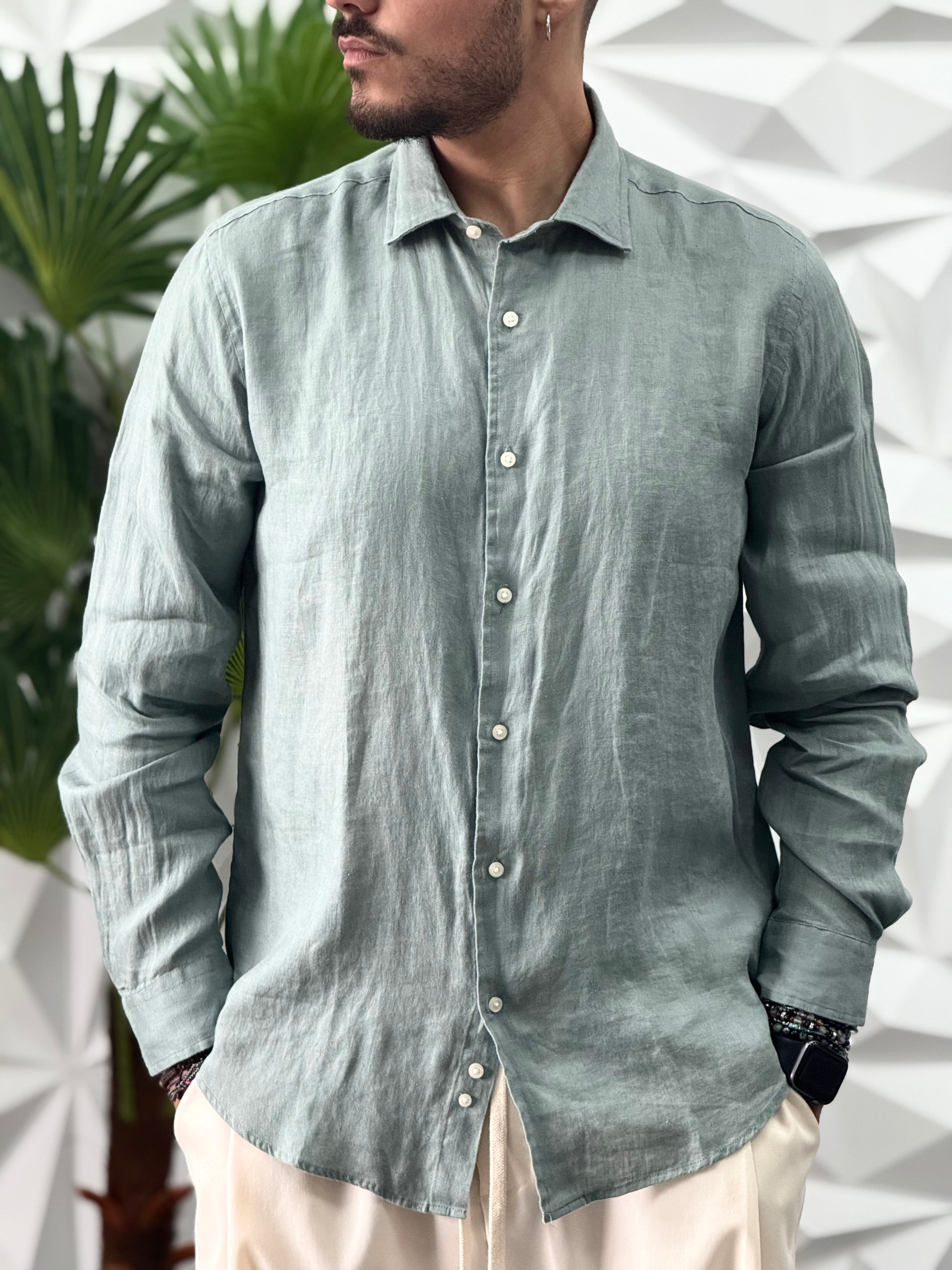CAMICIA IN LINO VERDE MILITARE