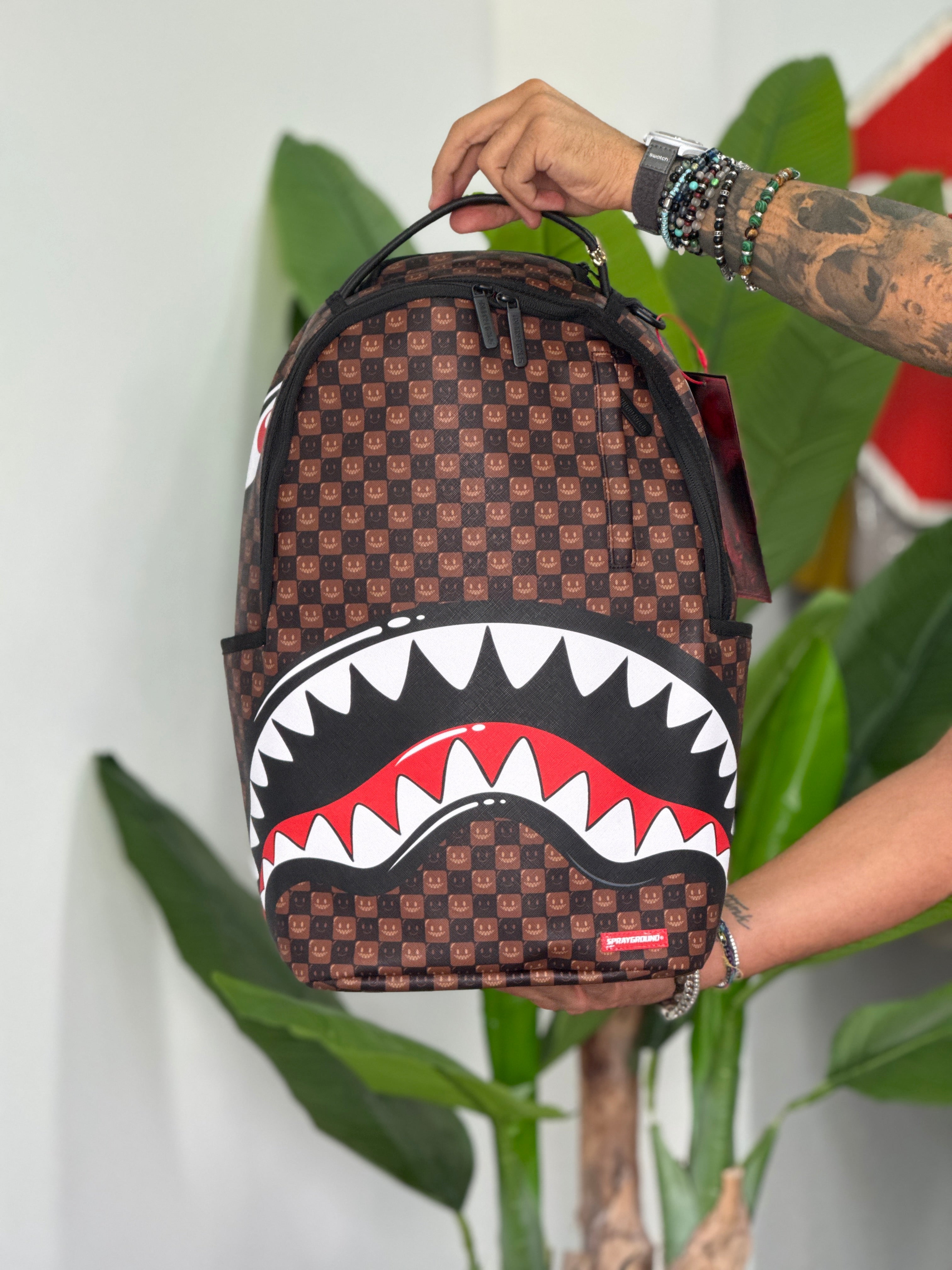 ZAINO SPRAYGROUND SHARKS IN PARIS WTF BUBBLE BROWN CHECK BACKPACK