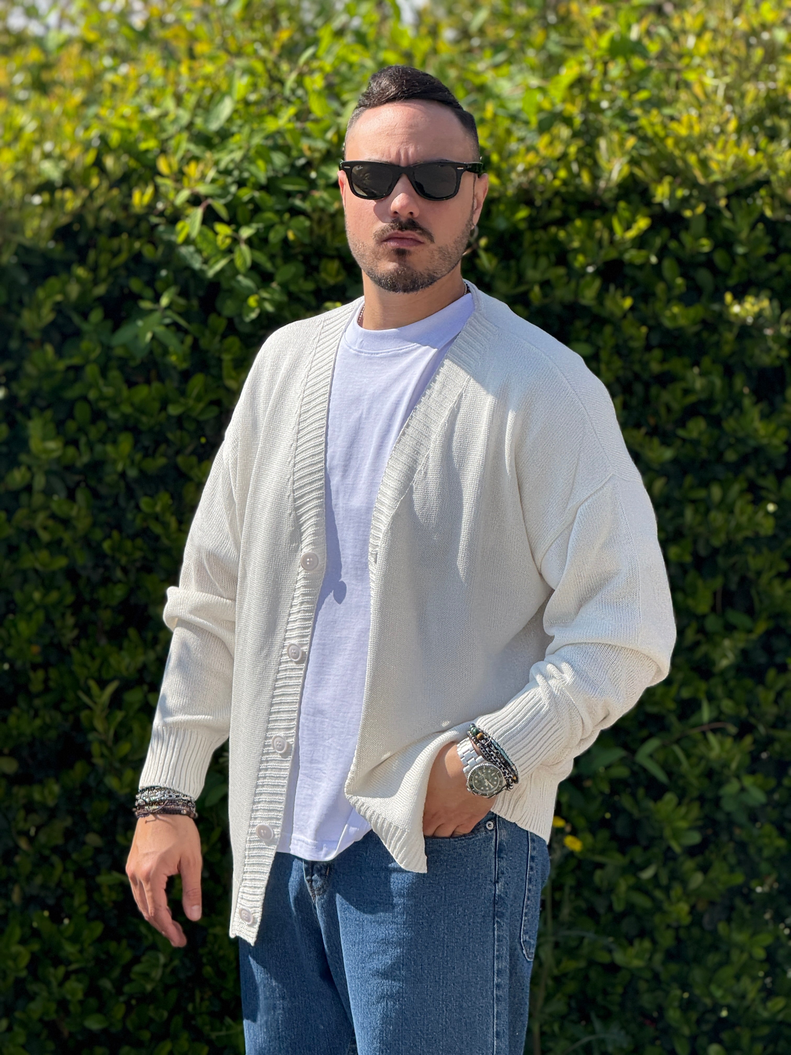 Cardigan bianco latte in filo over New Job Brand