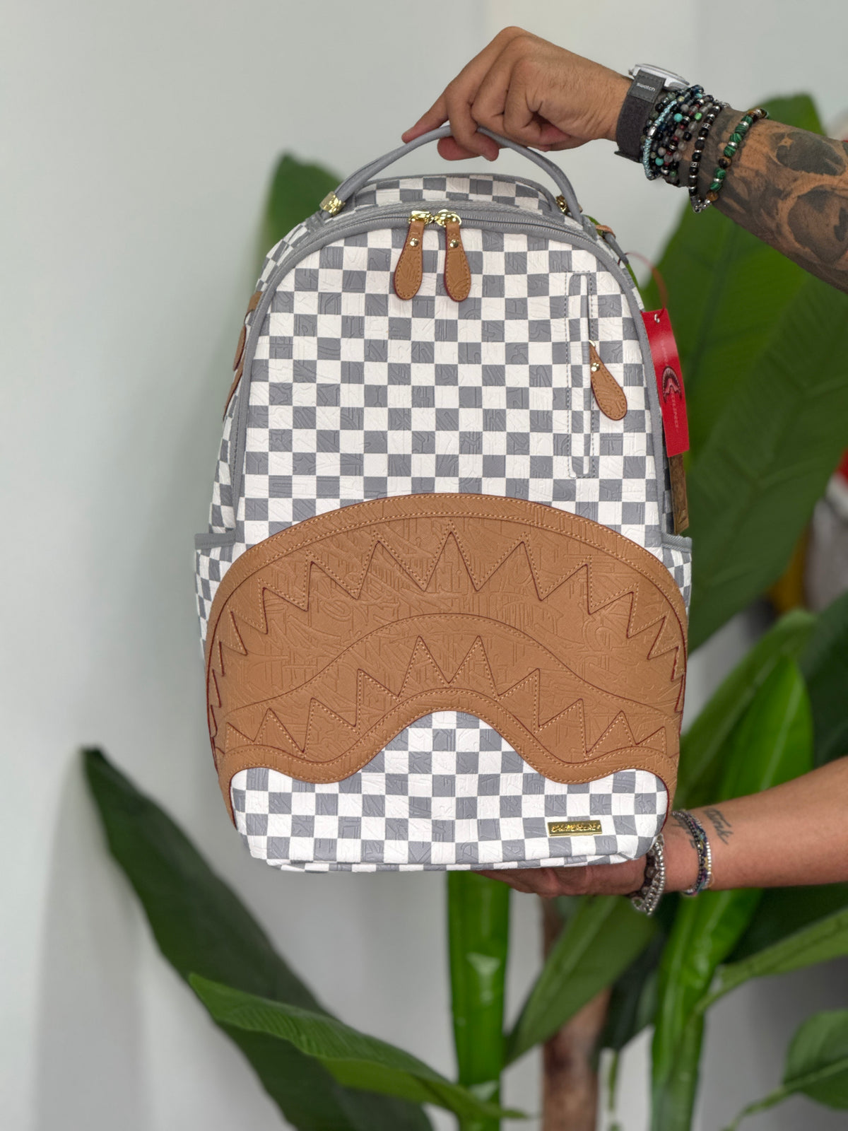 ZAINO SPRAYGROUND EMBOSSED CREAM CHECK BACKPACK
