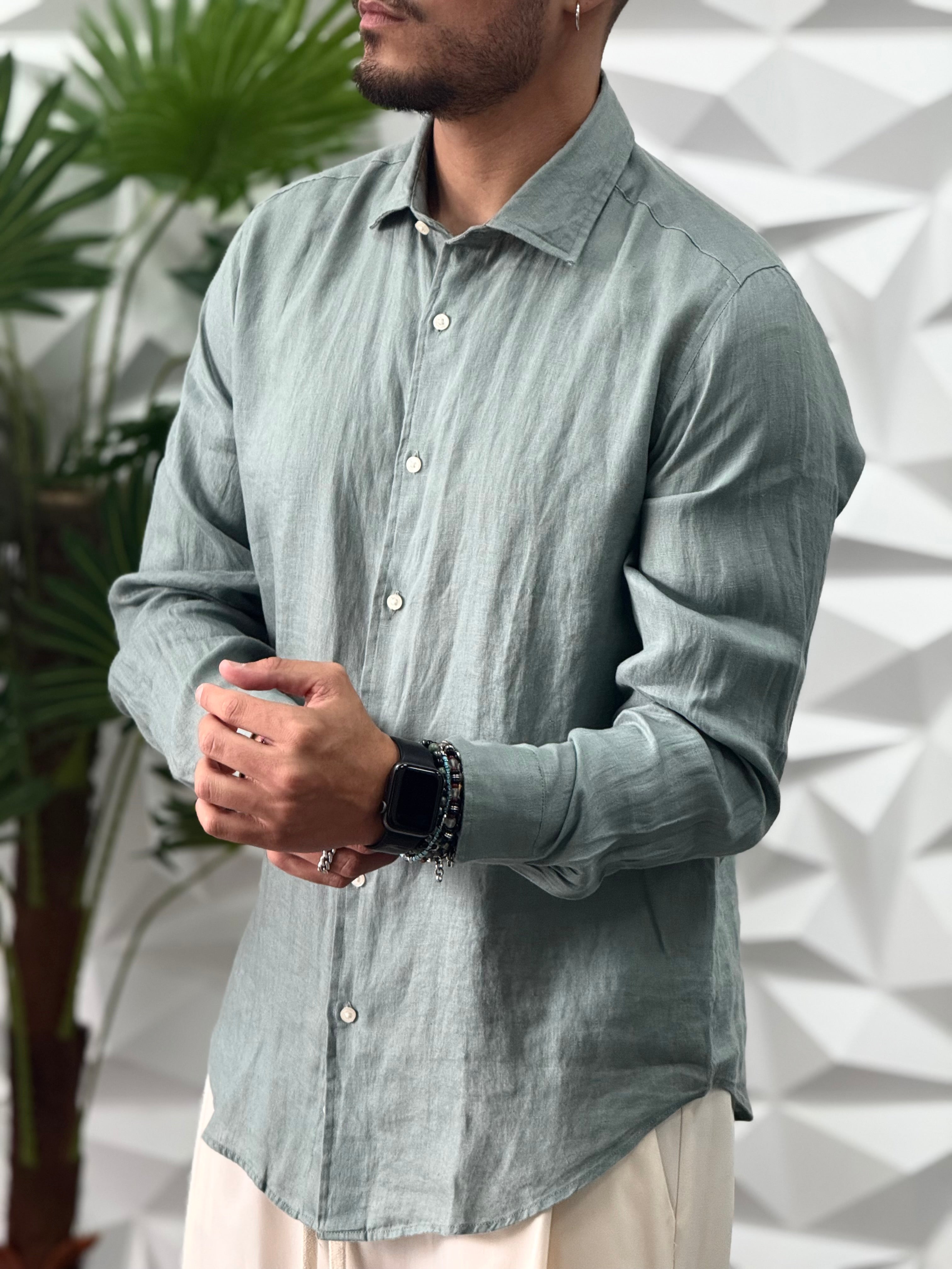 CAMICIA IN LINO VERDE MILITARE