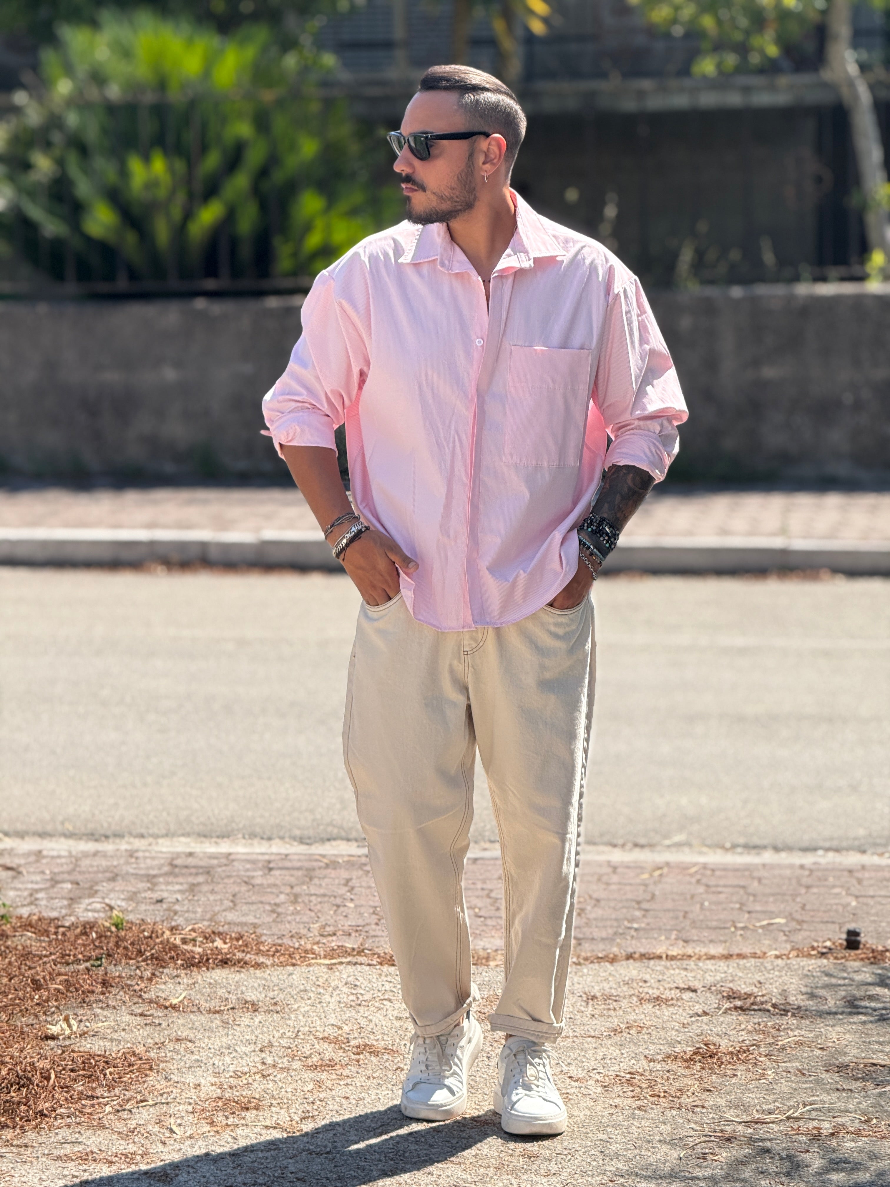 CAMICIA RIGATA OVERSIZE ROSA ANTICO  NEW JOB BRAND