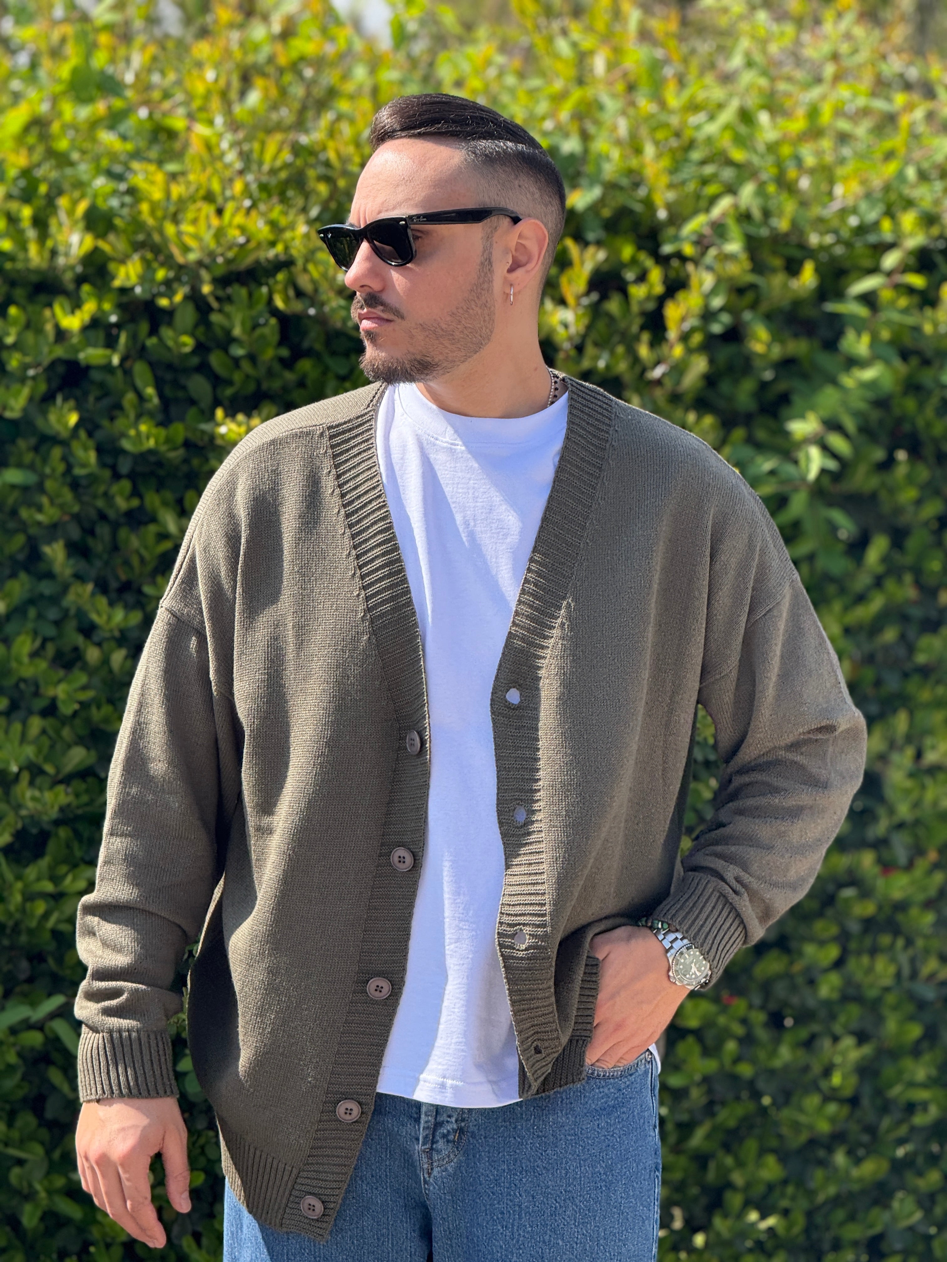 Cardigan over in filo verde militare New Job Brand