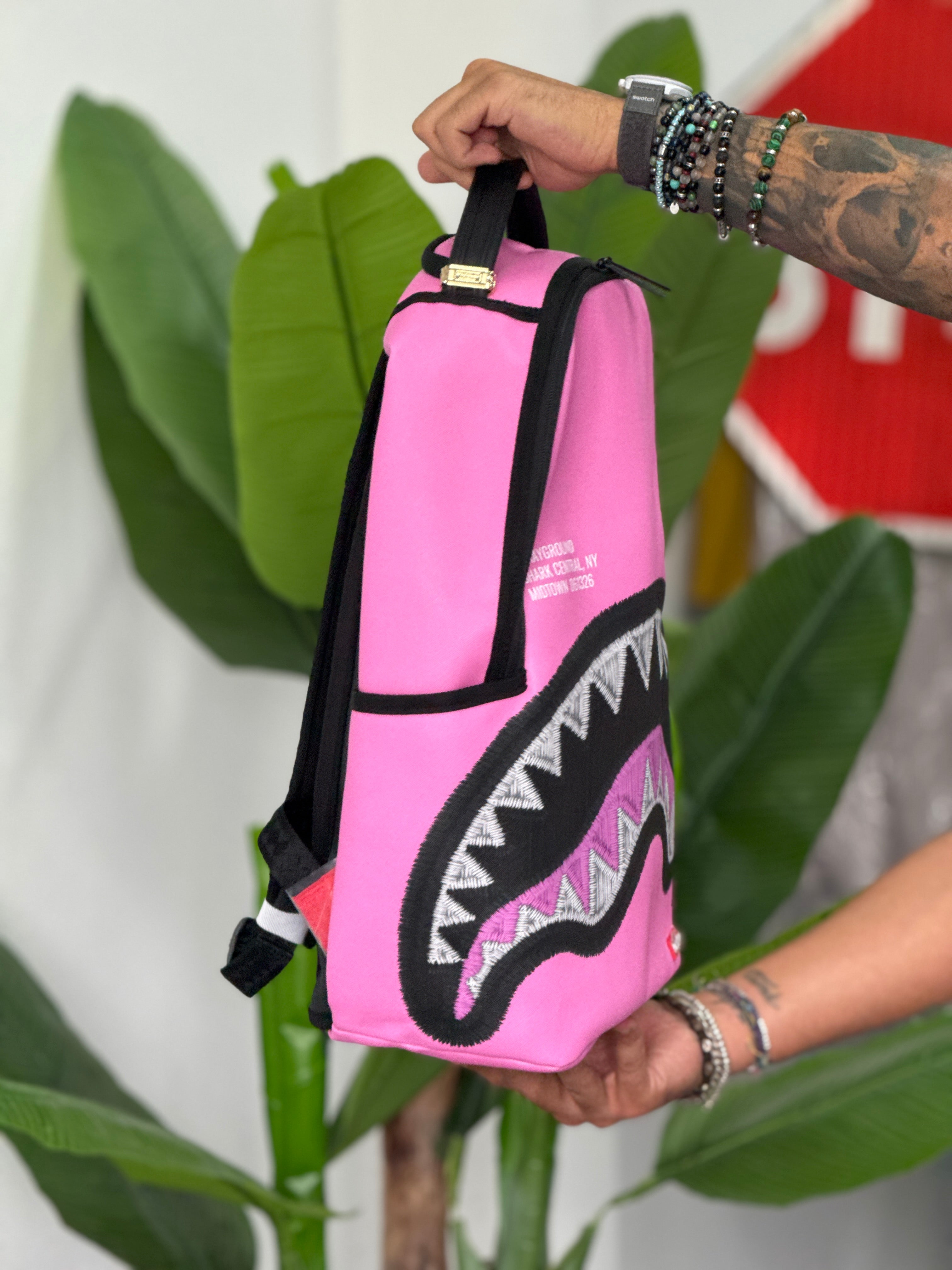 SHARK CENTRAL PINK EMBROIDERED SHARK BACKPACK