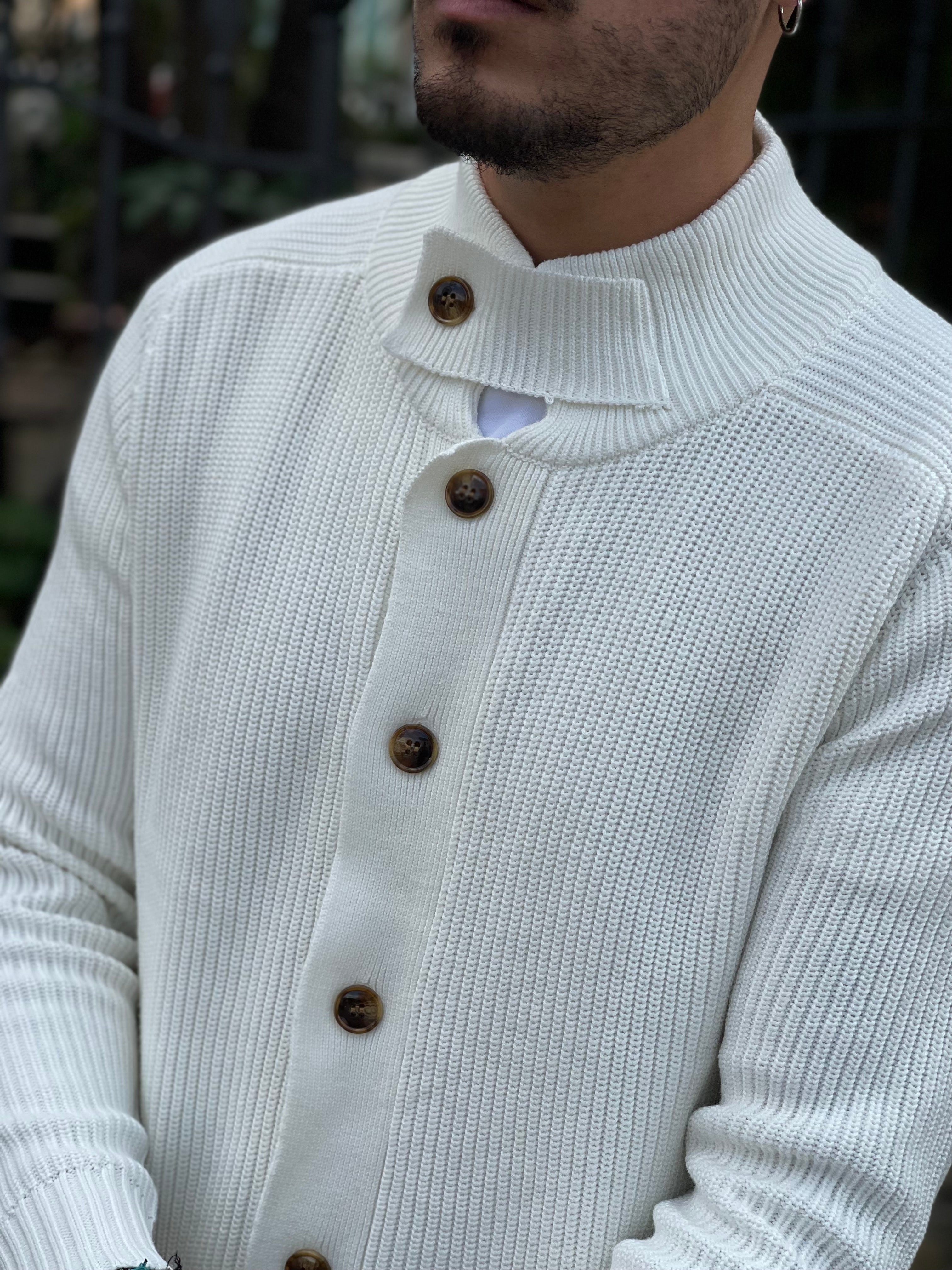 CARDIGAN BIANCO MEZZOCOLLO CON ABBOTTONATURA LATERALE